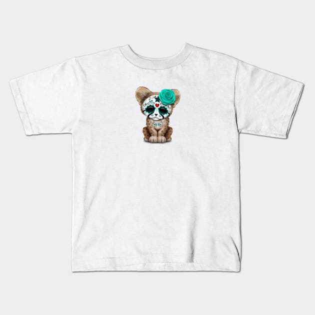 Blue Day of the Dead Sugar Skull Cheetah Cub Kids T-Shirt by jeffbartels